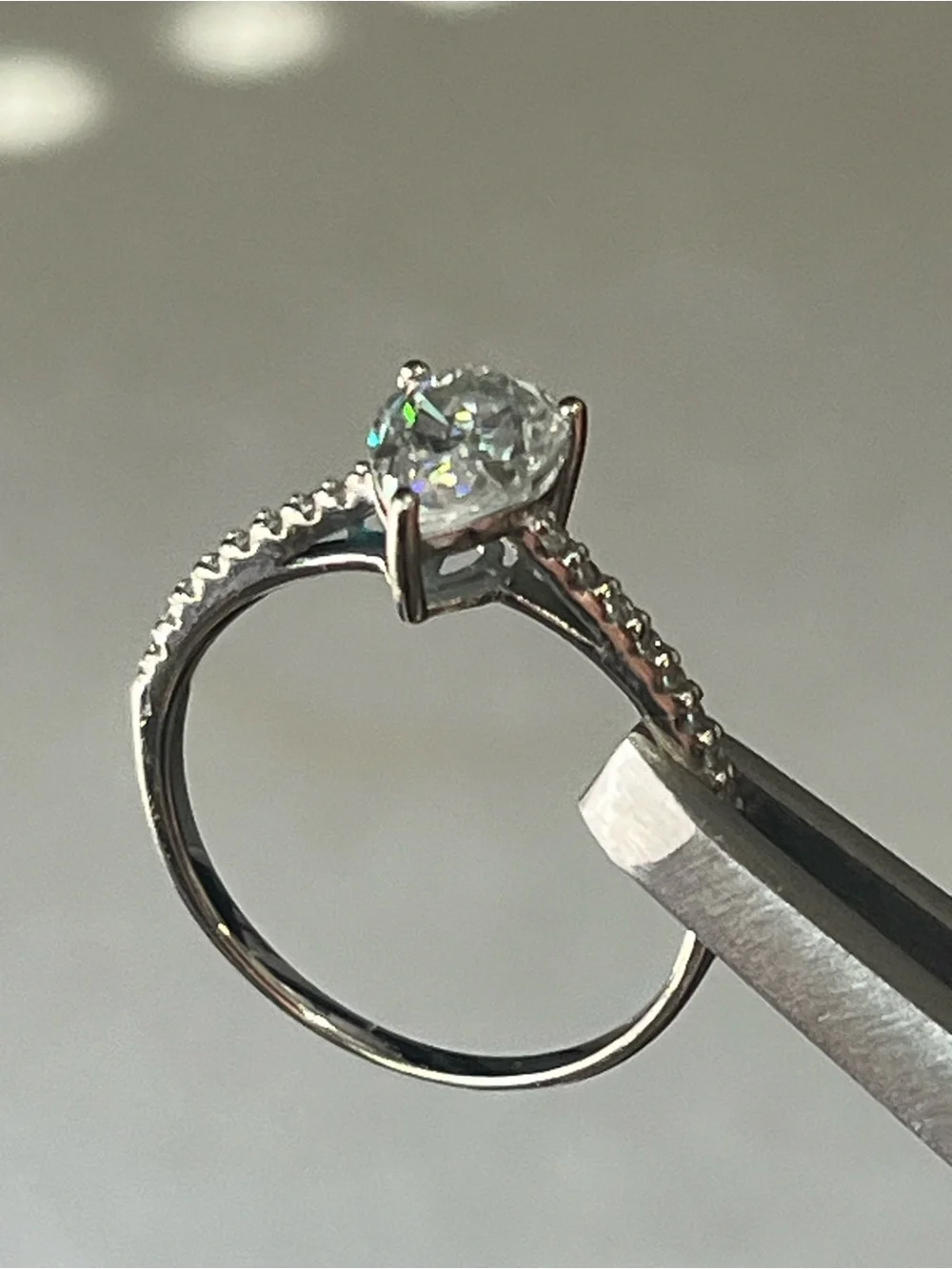 14k White Gold Pear-Shaped Moissanite Pavé Engagement Ring